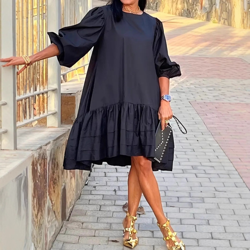 Полиестер Lotus Leaf миди рокля с ръкави фенер и свободна талия