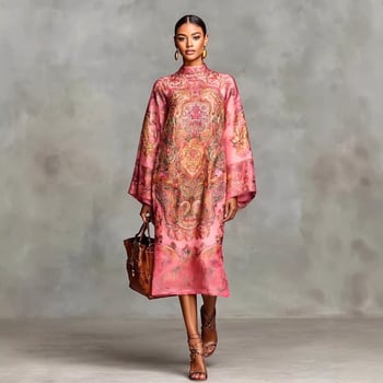 Elegáns A-vonalú ruha, blokkmintás nyomtatás, kerek nyak, harang ujjú