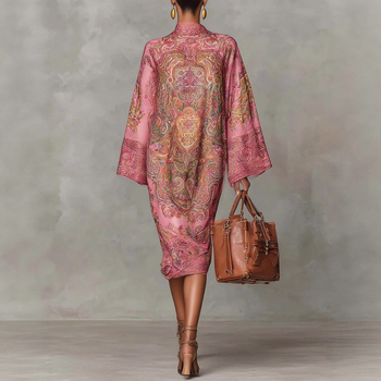 Elegáns A-vonalú ruha, blokkmintás nyomtatás, kerek nyak, harang ujjú