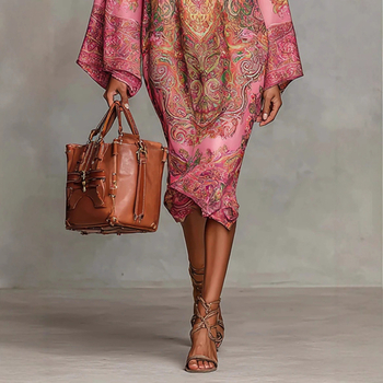 Elegáns A-vonalú ruha, blokkmintás nyomtatás, kerek nyak, harang ujjú