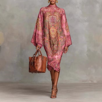 Elegáns A-vonalú ruha, blokkmintás nyomtatás, kerek nyak, harang ujjú