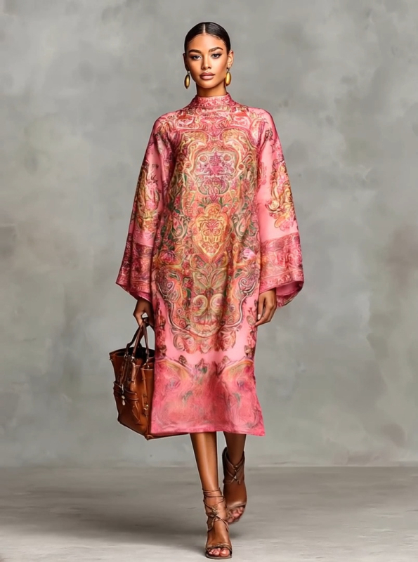 Elegáns A-vonalú ruha, blokkmintás nyomtatás, kerek nyak, harang ujjú