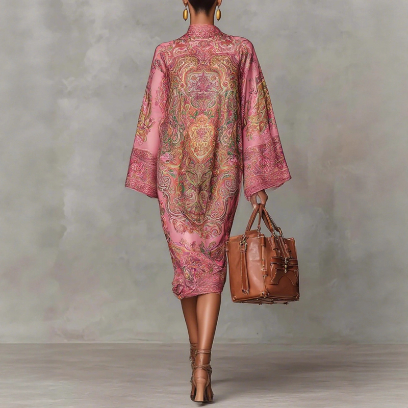 Elegáns A-vonalú ruha, blokkmintás nyomtatás, kerek nyak, harang ujjú