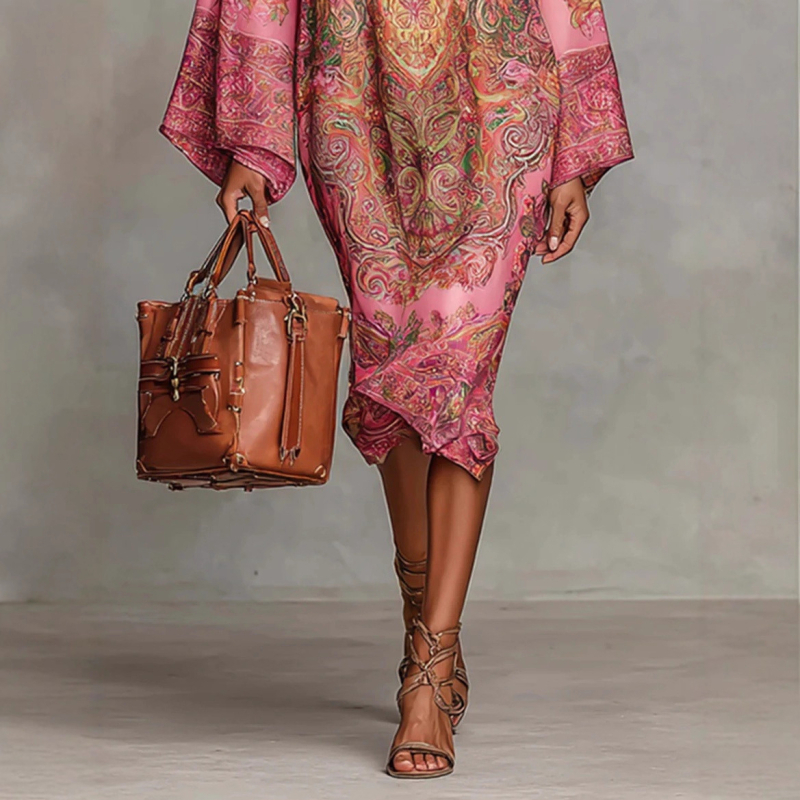 Elegáns A-vonalú ruha, blokkmintás nyomtatás, kerek nyak, harang ujjú