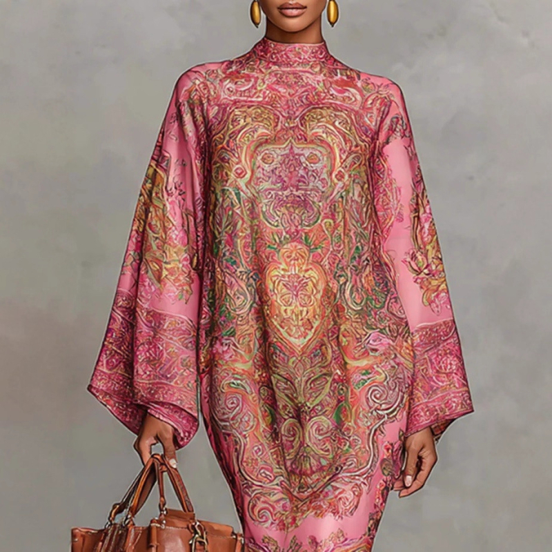 Elegáns A-vonalú ruha, blokkmintás nyomtatás, kerek nyak, harang ujjú