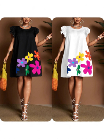 Női puffos ujjú felső virágos mintával, kerek nyakú, digitális nyomtatás, poliészter-elasztán keverék