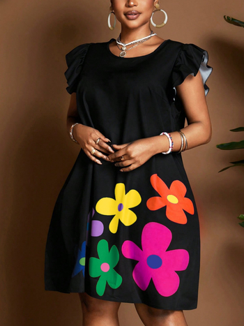 Női puffos ujjú felső virágos mintával, kerek nyakú, digitális nyomtatás, poliészter-elasztán keverék