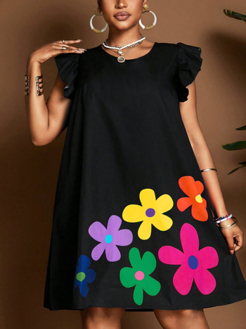 Női puffos ujjú felső virágos mintával, kerek nyakú, digitális nyomtatás, poliészter-elasztán keverék