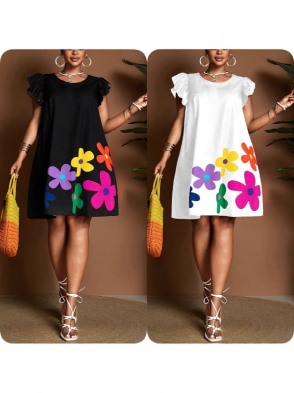 Női puffos ujjú felső virágos mintával, kerek nyakú, digitális nyomtatás, poliészter-elasztán keverék