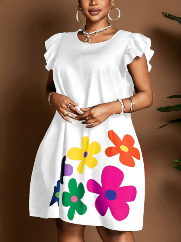 Női puffos ujjú felső virágos mintával, kerek nyakú, digitális nyomtatás, poliészter-elasztán keverék