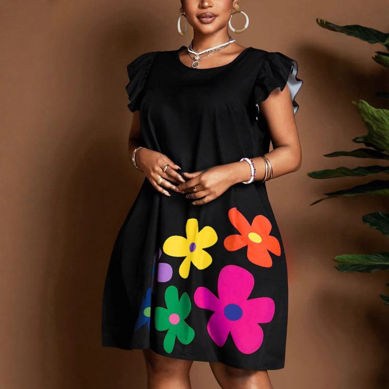 Női puffos ujjú felső virágos mintával, kerek nyakú, digitális nyomtatás, poliészter-elasztán keverék