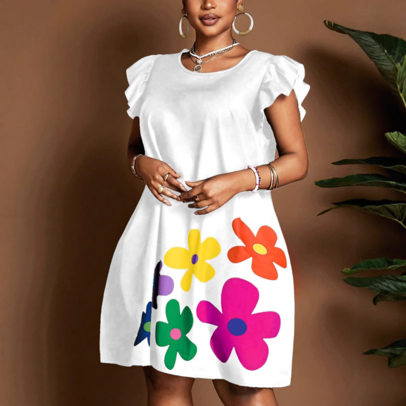 Női puffos ujjú felső virágos mintával, kerek nyakú, digitális nyomtatás, poliészter-elasztán keverék