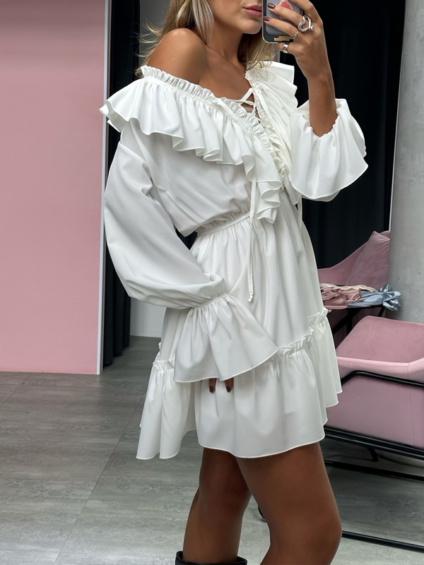 Poliészterből készült ruha hosszú ujjúval, V-nyakkal, elasztikus derékkal és fodros lótuszlevél szoknyával