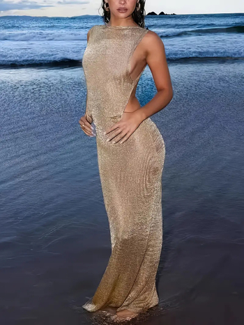 Hátnyitás nélküli ujjatlan maxi ruha, A-vonalú sziluett, Poliészter