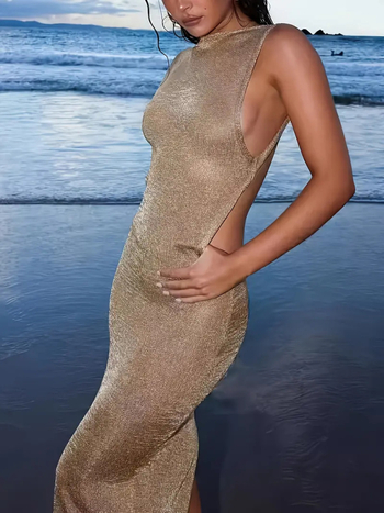 Hátnyitás nélküli ujjatlan maxi ruha, A-vonalú sziluett, Poliészter