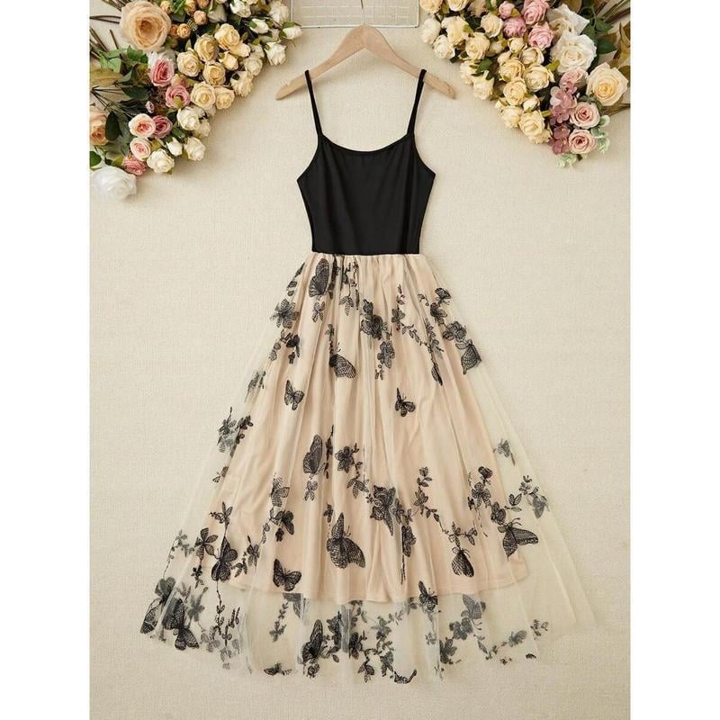 Sieťový top s výšivkou motýľov a kvetov, kontrastná sieťovina, pre všetky ročné obdobia