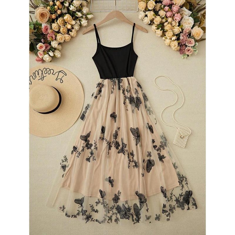 Sieťový top s výšivkou motýľov a kvetov, kontrastná sieťovina, pre všetky ročné obdobia