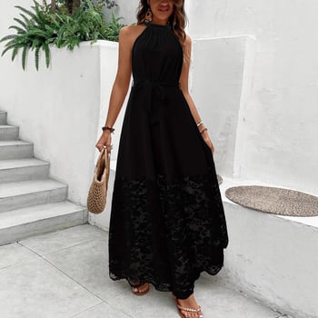 Elegáns nyakpántos, ujjatlan ruha virágos hímzéssel, poliészter keverék, hosszú A-vonalú szabás