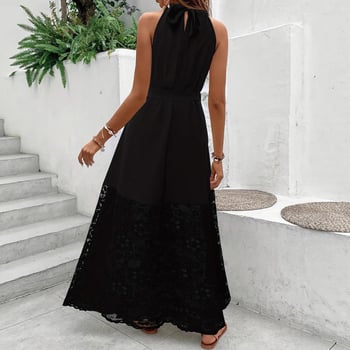 Elegáns nyakpántos, ujjatlan ruha virágos hímzéssel, poliészter keverék, hosszú A-vonalú szabás