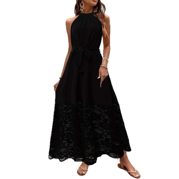 Elegáns nyakpántos, ujjatlan ruha virágos hímzéssel, poliészter keverék, hosszú A-vonalú szabás