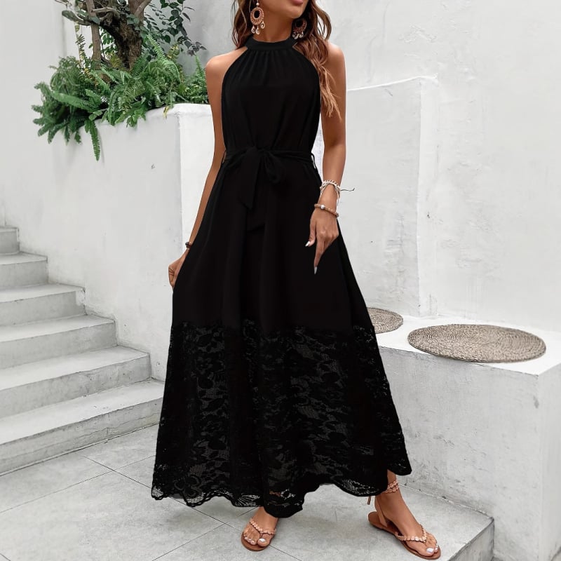 Elegáns nyakpántos, ujjatlan ruha virágos hímzéssel, poliészter keverék, hosszú A-vonalú szabás