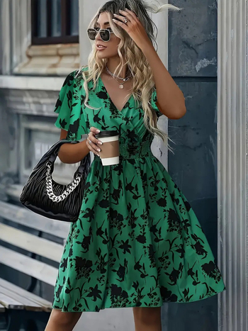 Poliészter ruha V-nyakkal, rövid ujjú, középméretű hosszúságú, elegáns városi stílus