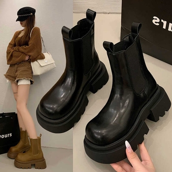 Martin csizmák retro brit stílusban, PU felső rész, gumi talp, kerek orr, vastag sarka 3–5 cm, középmagas szár