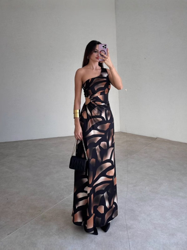 Poliesterska duga haljina s geometrijskim uzorkom, halter dekolte, bez rukava