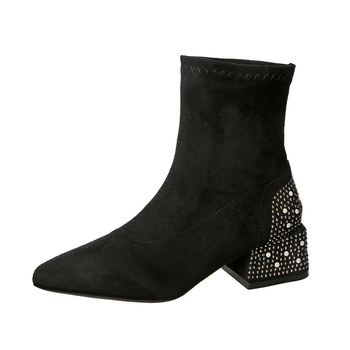 Női Slimming csizmák hegyes orral, vastag közepes sarkú, velúr felső rész, rövid szár, slip-on