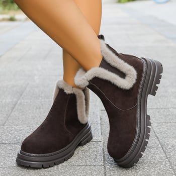 Női hócsizma velúr felsőrésszel, műszőrmés bélés, magas szár, gumírozott talp, 3–5 cm sarok