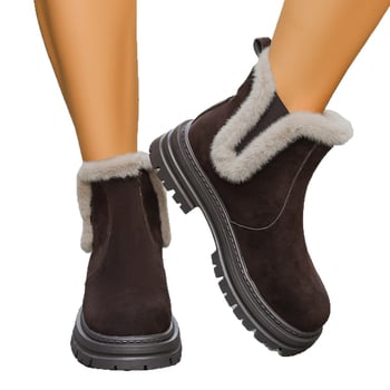 Női hócsizma velúr felsőrésszel, műszőrmés bélés, magas szár, gumírozott talp, 3–5 cm sarok