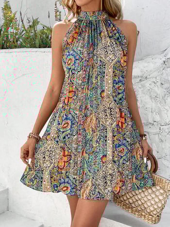 Virágmintás A-vonalú ujjatlan ruha, kerek nyakú, poliészter-spandex keverék