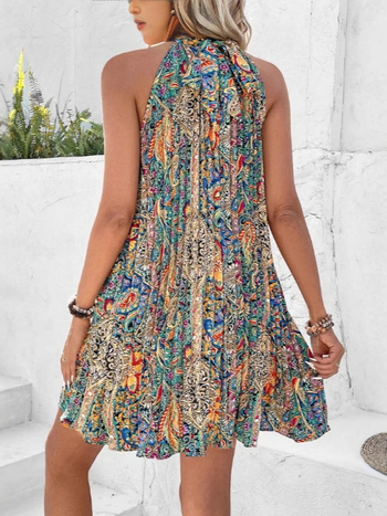 Virágmintás A-vonalú ujjatlan ruha, kerek nyakú, poliészter-spandex keverék