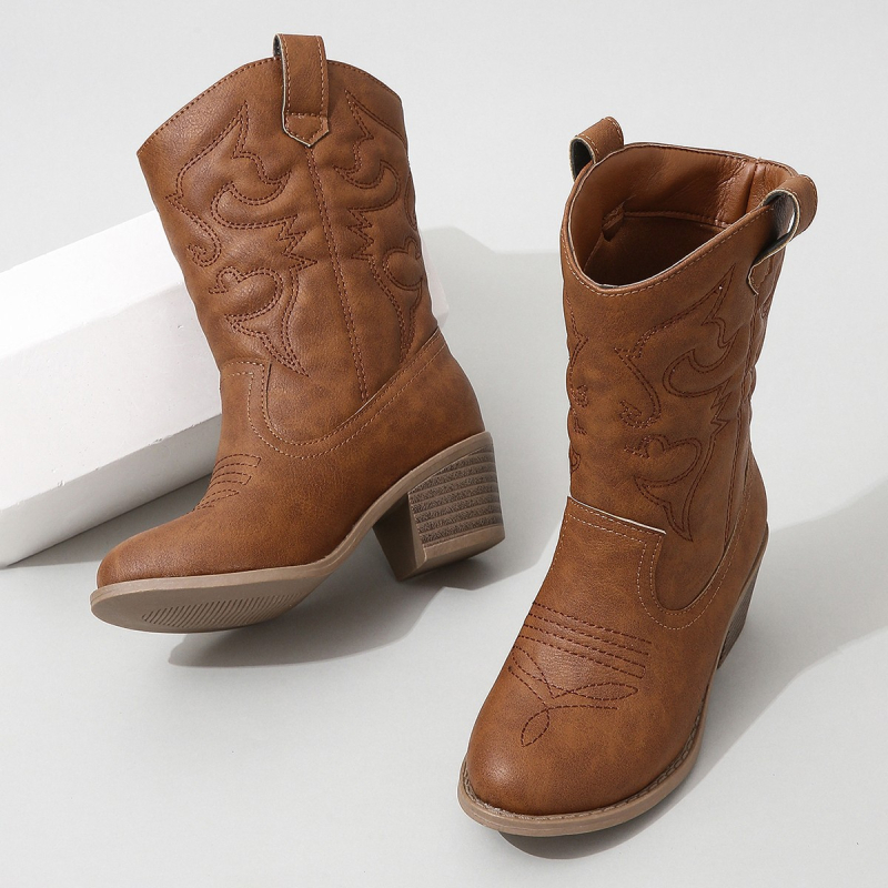 Dječje čizme do polovine potkoljenice, retro Western stil s izvezom, V otvor, debeli pet Martin