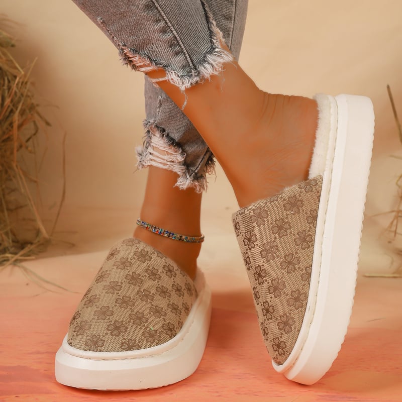 Női pamut Slip-On cipő vastag talppal, meleg bélés, virágos hímzés, mindennapi casual