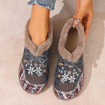 Zimske pamučne cipele s vunenom podstavom i staropekinskim izšivanjem — casual slip-on ženske cipele, okrugli vrh, niski gornji dio, PVC đon