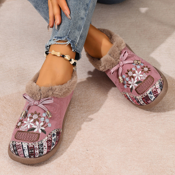 Zimske pamučne cipele s vunenom podstavom i staropekinskim izšivanjem — casual slip-on ženske cipele, okrugli vrh, niski gornji dio, PVC đon