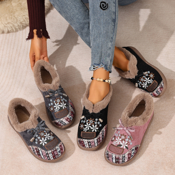 Zimske pamučne cipele s vunenom podstavom i staropekinskim izšivanjem — casual slip-on ženske cipele, okrugli vrh, niski gornji dio, PVC đon