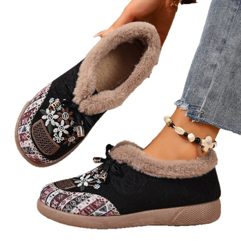 Zimske pamučne cipele s vunenom podstavom i staropekinskim izšivanjem — casual slip-on ženske cipele, okrugli vrh, niski gornji dio, PVC đon