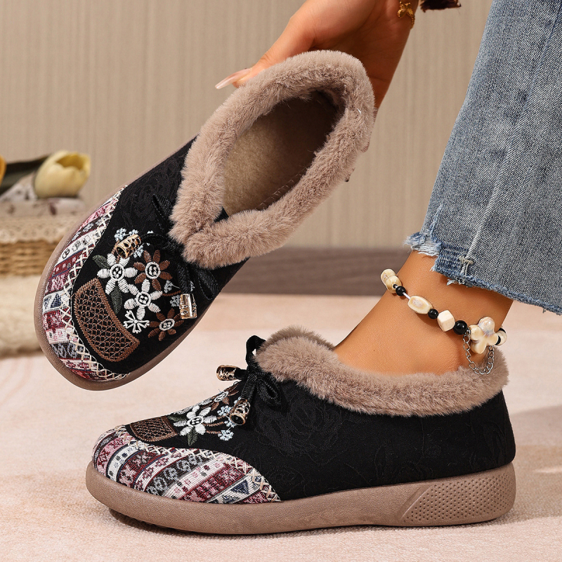 Zimske pamučne cipele s vunenom podstavom i staropekinskim izšivanjem — casual slip-on ženske cipele, okrugli vrh, niski gornji dio, PVC đon