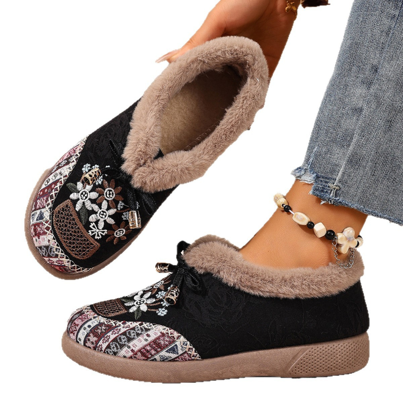 Zimske pamučne cipele s vunenom podstavom i staropekinskim izšivanjem — casual slip-on ženske cipele, okrugli vrh, niski gornji dio, PVC đon