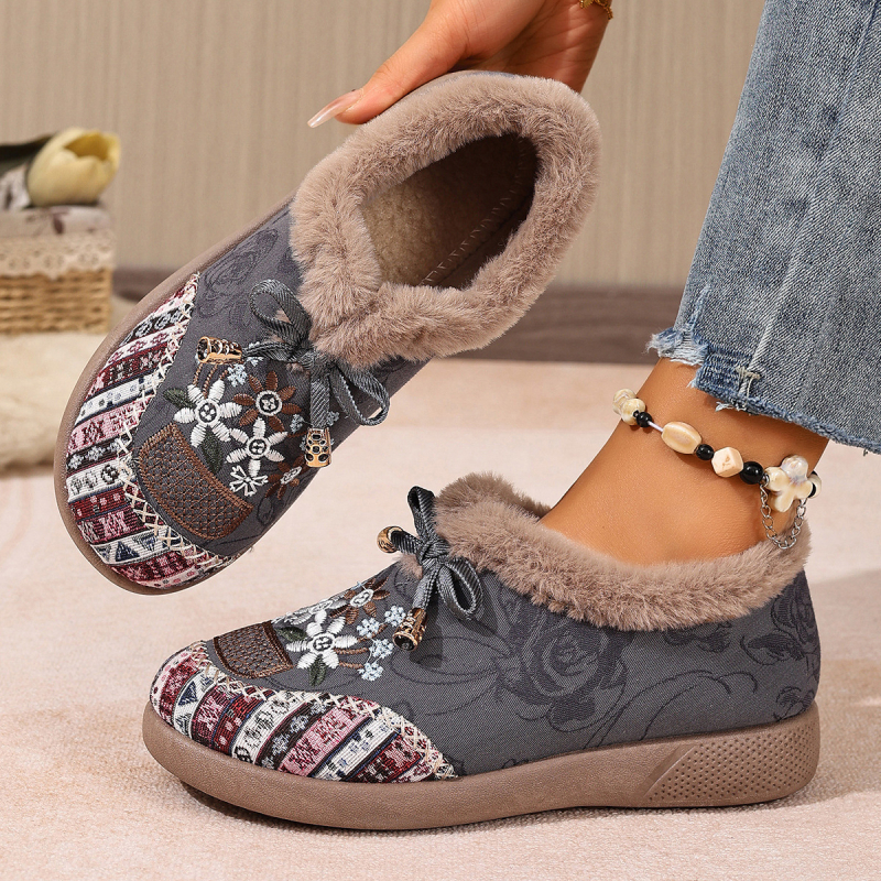 Zimske pamučne cipele s vunenom podstavom i staropekinskim izšivanjem — casual slip-on ženske cipele, okrugli vrh, niski gornji dio, PVC đon