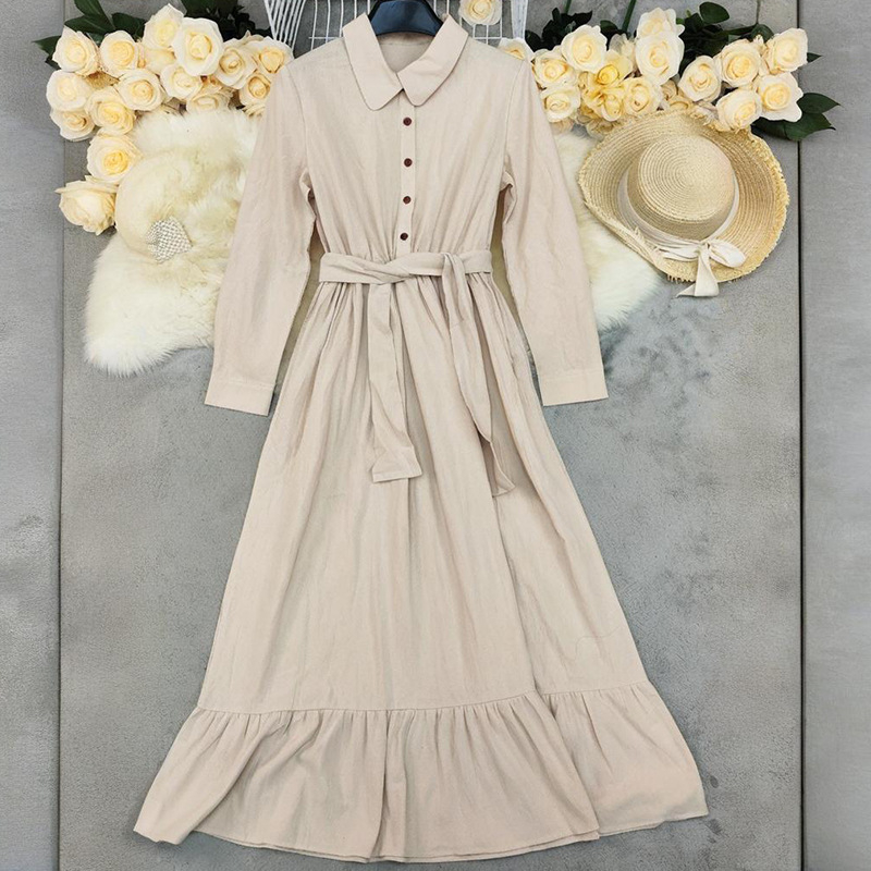 LN1604 Pamut–Len Hercegnőruha, hosszú ujjú, galléros, hosszú ruha