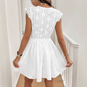 Női ruha poliészterből, V-nyakú, ujjatlan, A-vonalú fazon, magas derék