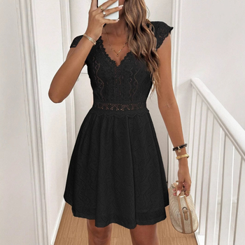 Női ruha poliészterből, V-nyakú, ujjatlan, A-vonalú fazon, magas derék