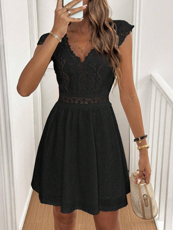 Női ruha poliészterből, V-nyakú, ujjatlan, A-vonalú fazon, magas derék