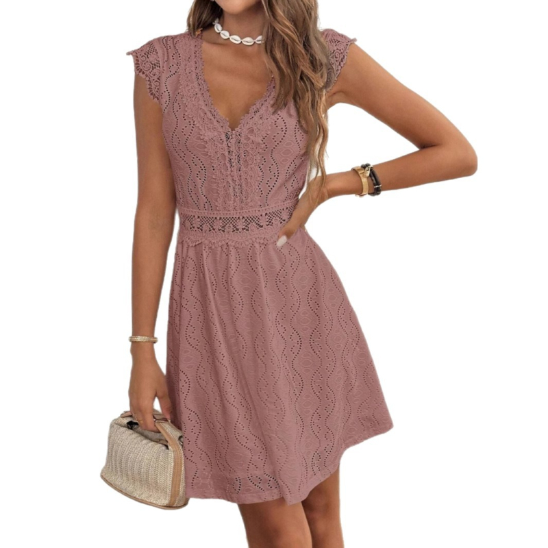 Női ruha poliészterből, V-nyakú, ujjatlan, A-vonalú fazon, magas derék