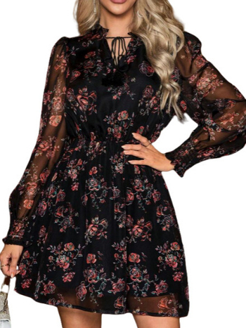 A-vonalú virágos hosszú ujjú ruha poliészterből, rövid ruhahossz, magas derekú