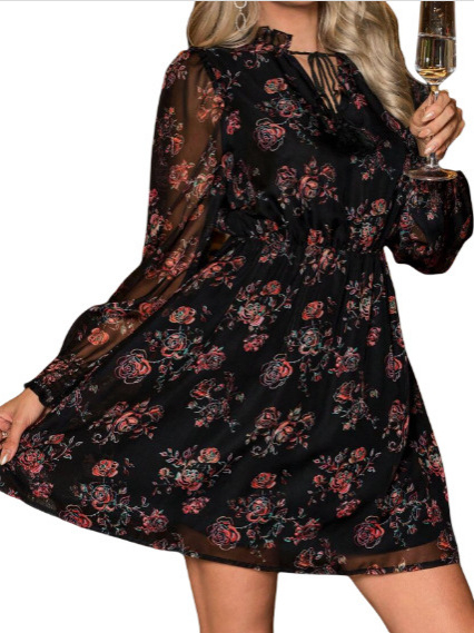 A-vonalú virágos hosszú ujjú ruha poliészterből, rövid ruhahossz, magas derekú