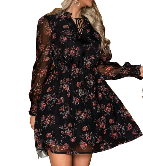 A-vonalú virágos hosszú ujjú ruha poliészterből, rövid ruhahossz, magas derekú